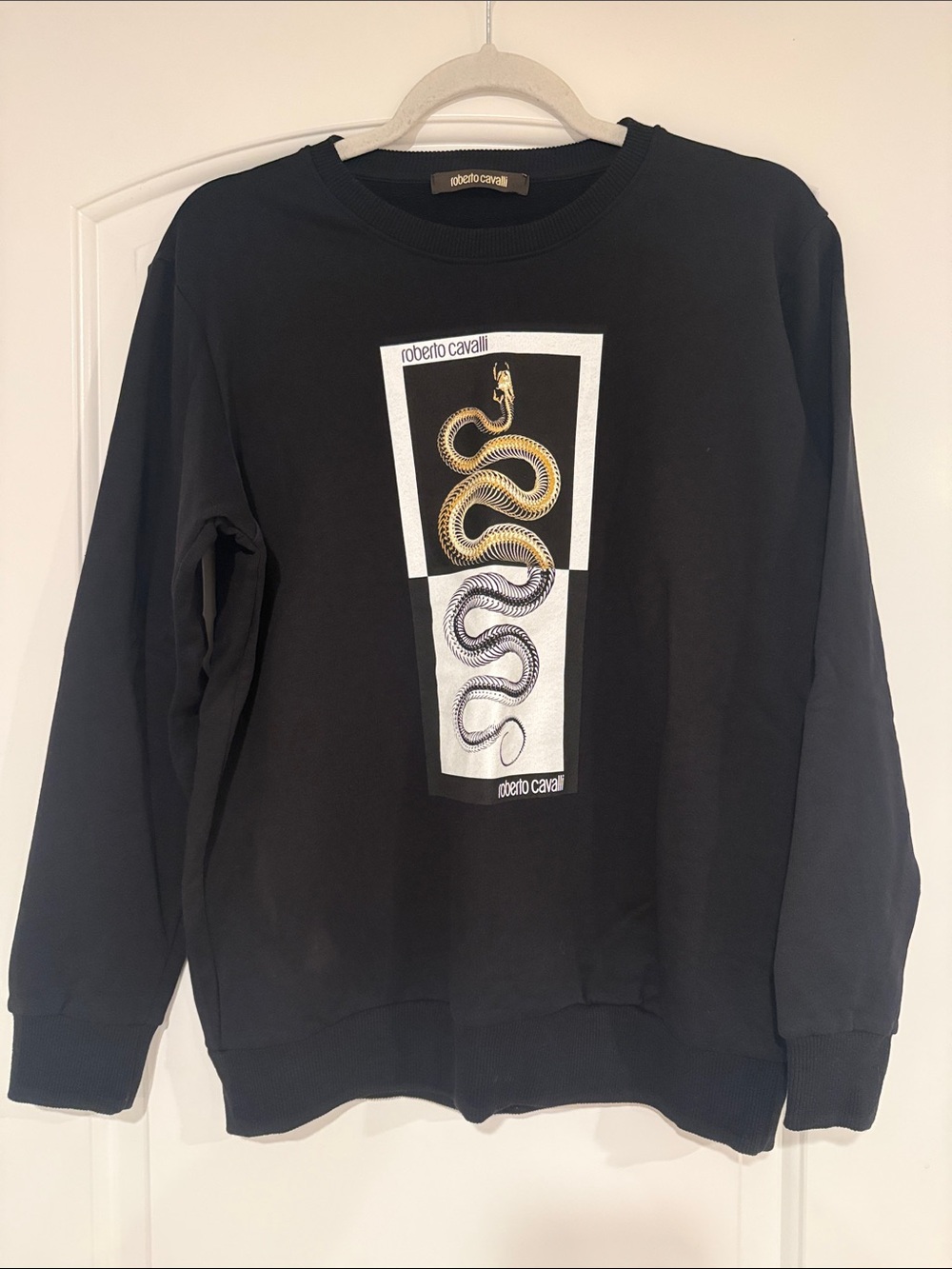 Roberto Cavalli Black Crewneck Sweatshirt with Gold & Silver Snake Panel